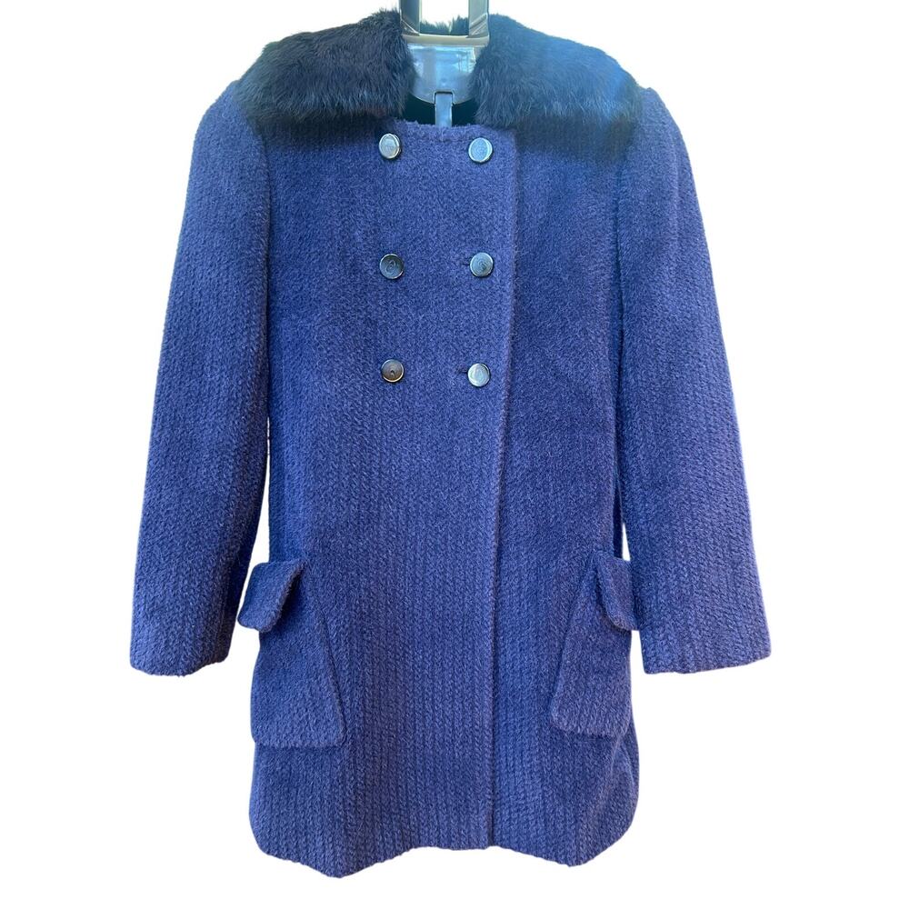 Itala Testino Blue Suri Alpaca Wool Blend Double Breasted Coat Faux Fur Collar M
